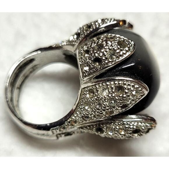 Statement Ring Flower Framed Agate Black Gray White Cabochon Sz 7 1/4 Boho Fairy - Picture 4 of 7